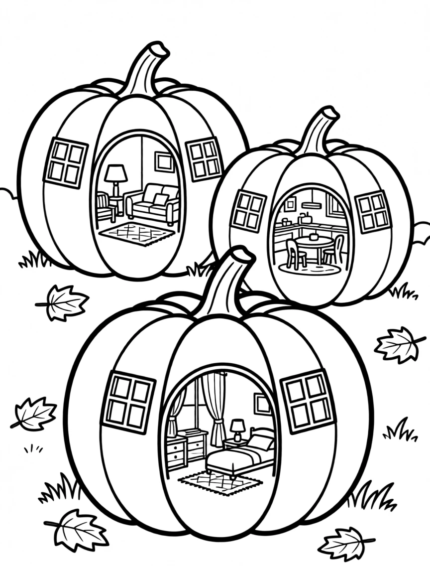 Pumpkins with windows showing different rooms inside