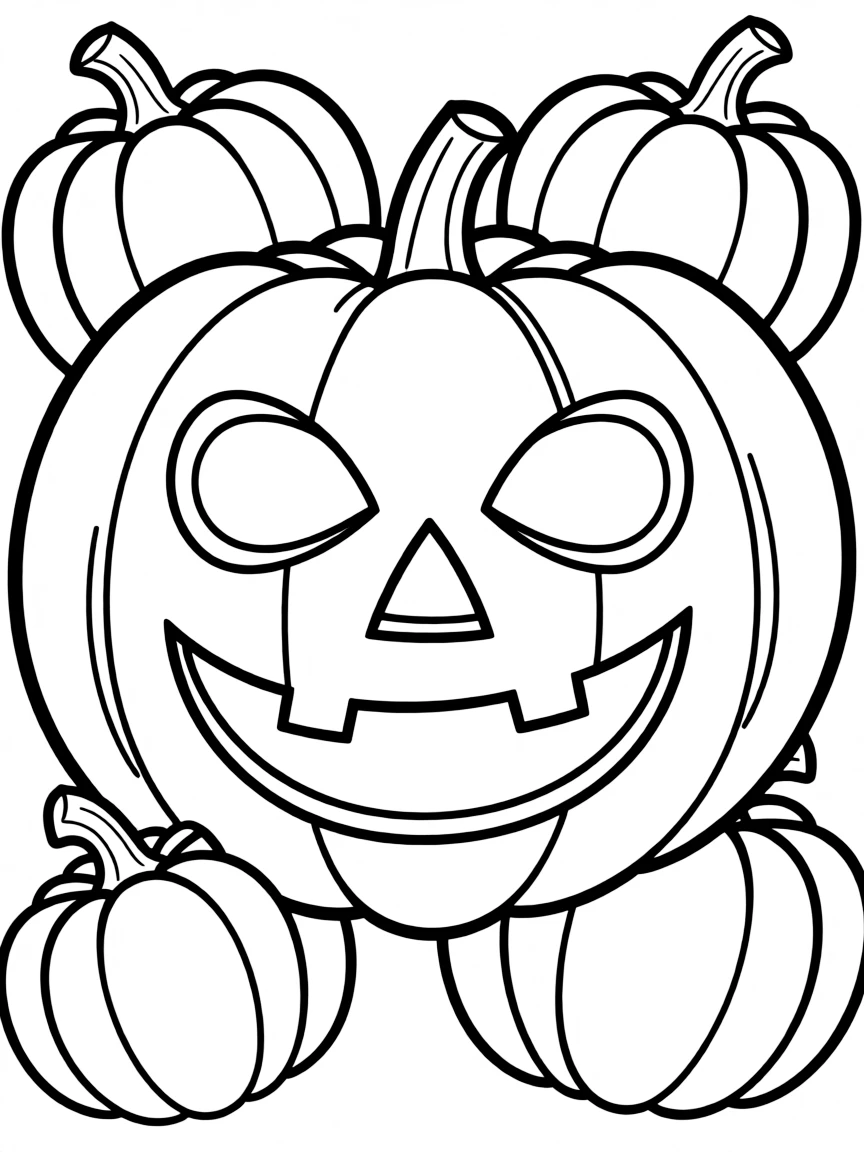 Pumpkins arranged to form a giant jack-o'-lantern face