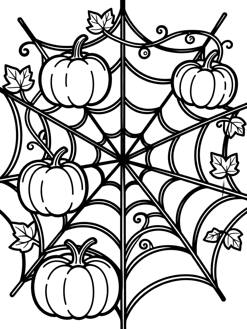 Pumpkins growing on a trellis in the shape of a spider web