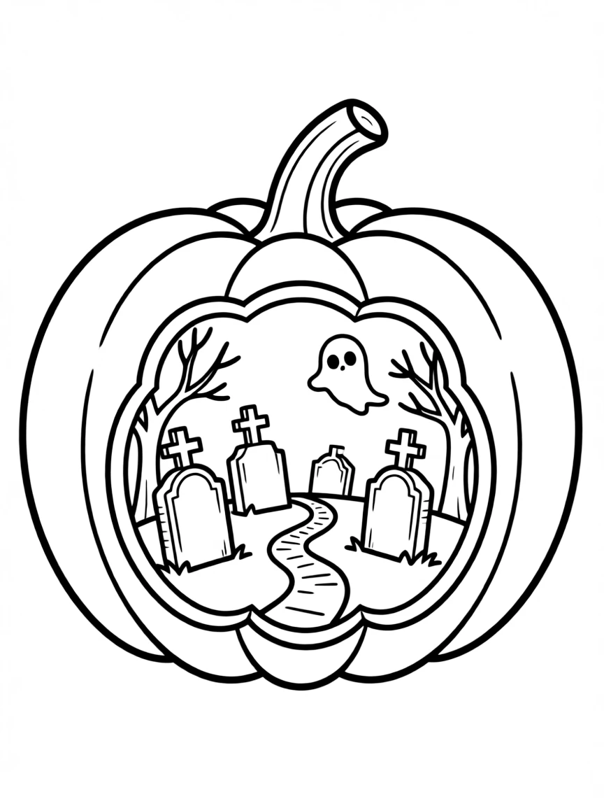 A pumpkin whose interior reveals a miniature graveyard