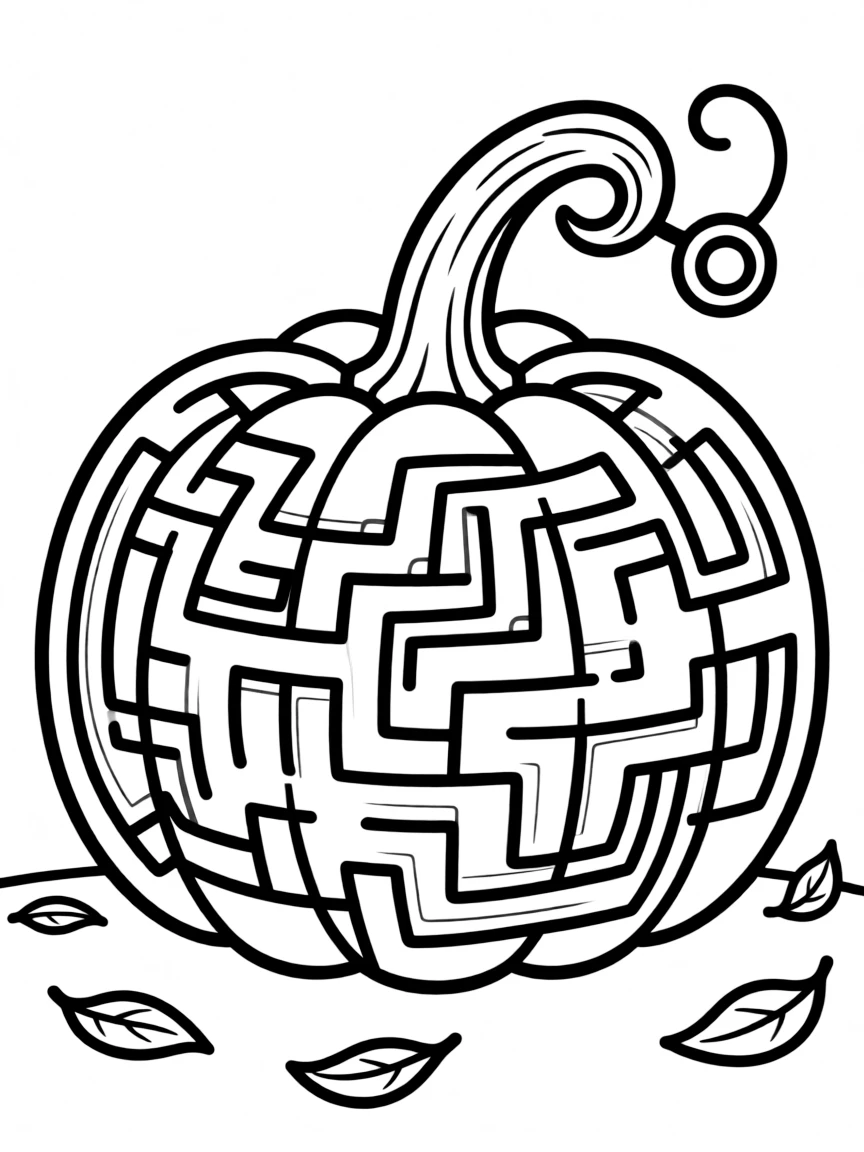 A pumpkin whose stem has grown into a winding labyrinth