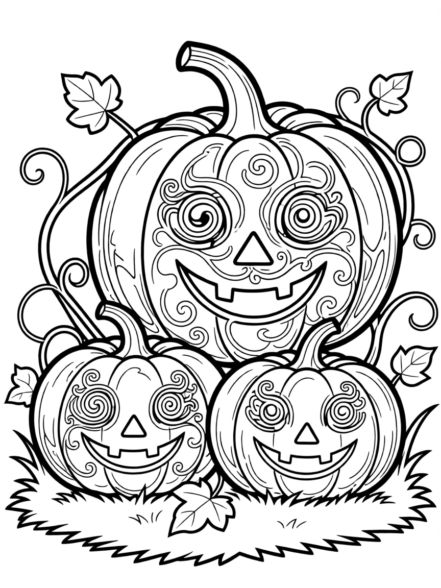 Pumpkins whose faces are formed by intricate vine patterns