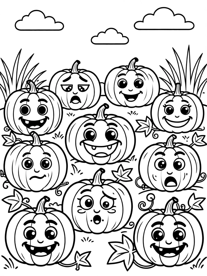 A pumpkin patch where every pumpkin has a unique personality