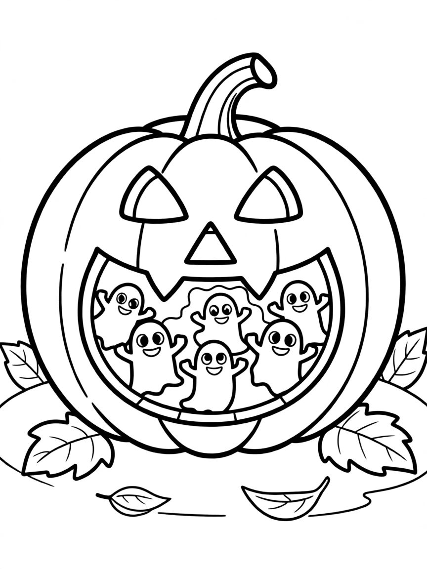 A jack-o'-lantern whose interior holds a ghostly gathering