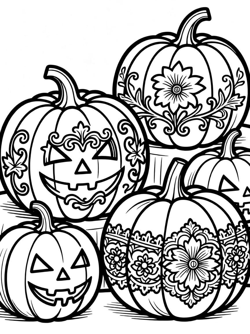 Pumpkins with ornate Victorian-style carved decorations