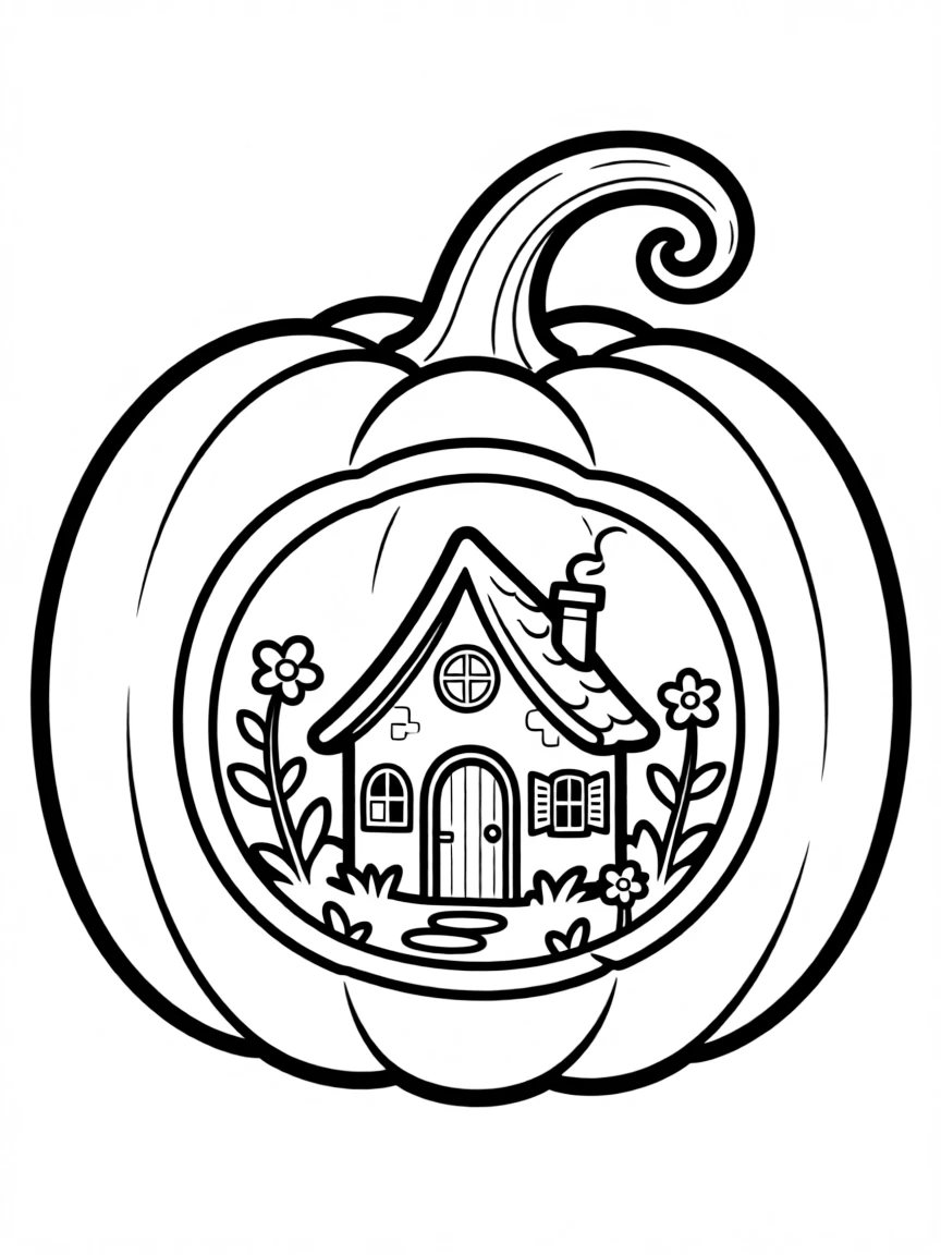 A pumpkin whose interior contains a miniature witch's cottage