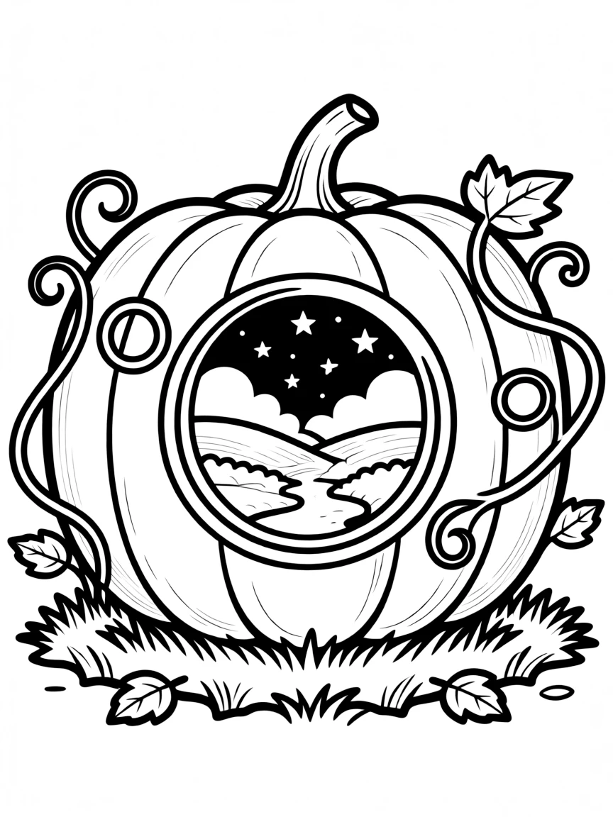 A pumpkin whose vines form a magical portal to another world