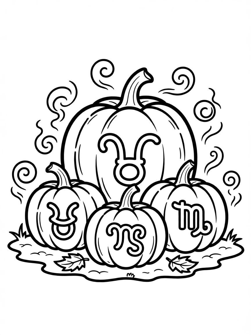 Pumpkins carved with zodiac symbols glowing mysteriously