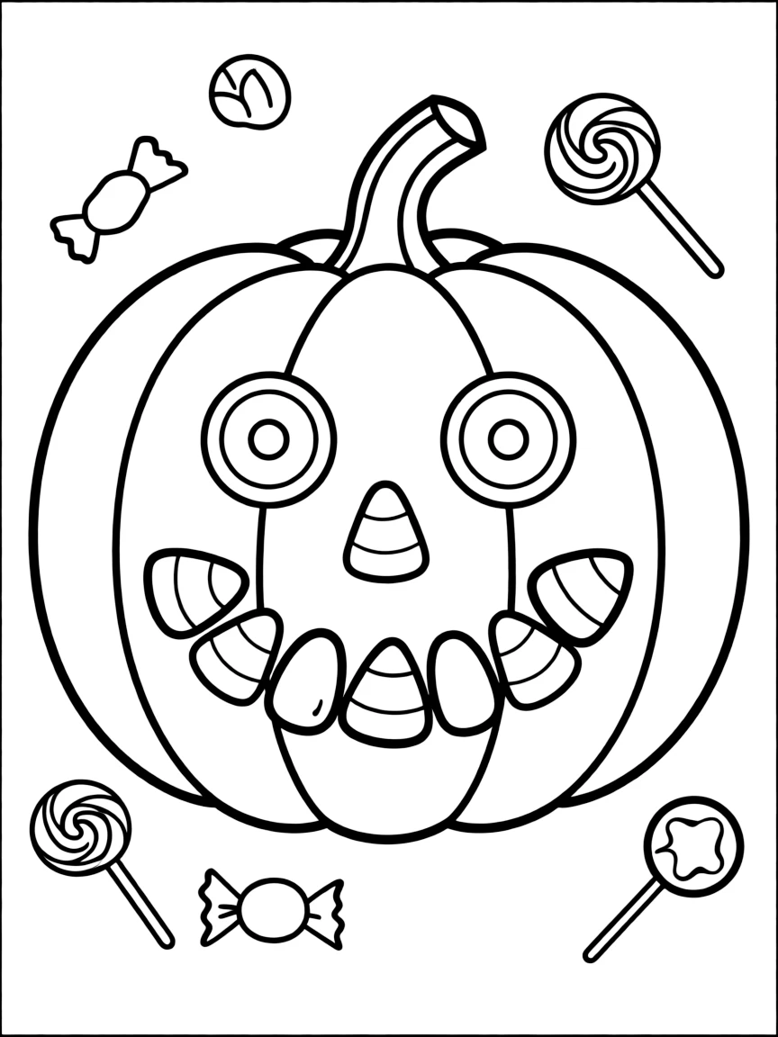 A jack-o'-lantern with a face made entirely of candy pieces