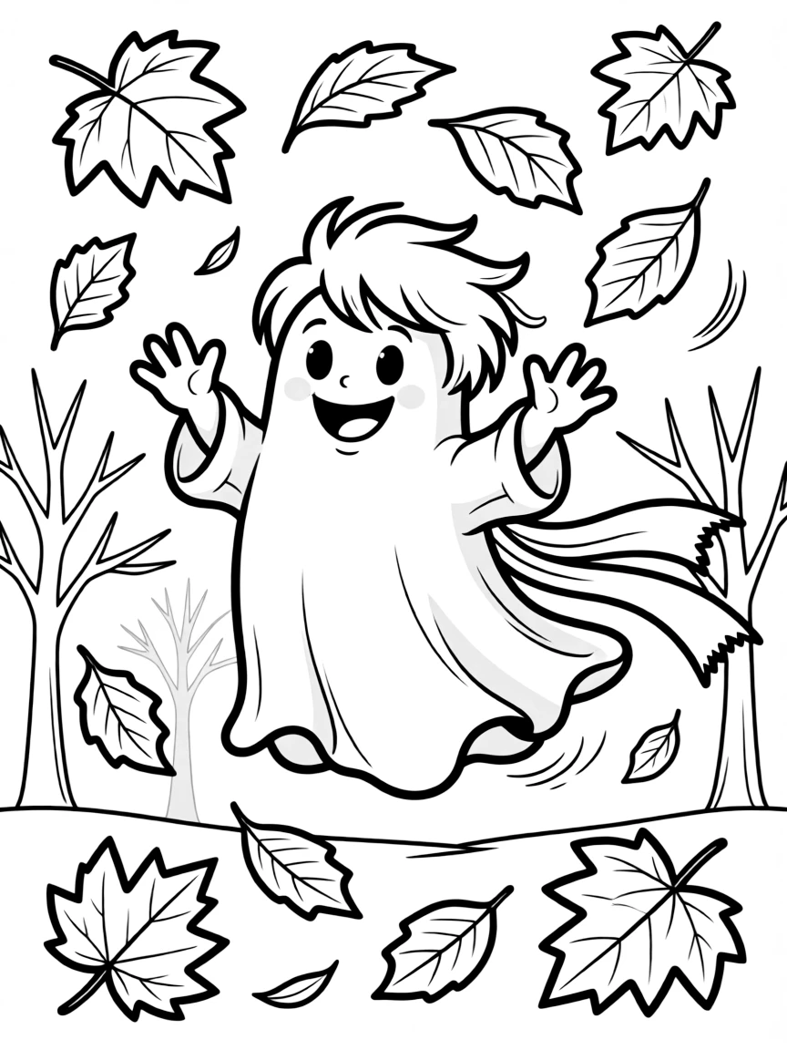 A friendly ghost floating through autumn leaves
