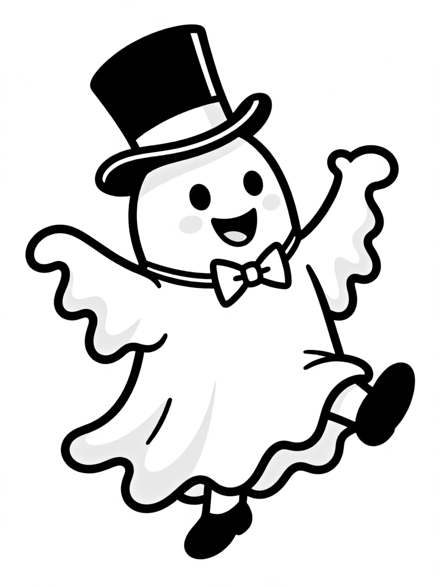 A ghost in a top hat and bow tie dancing alone