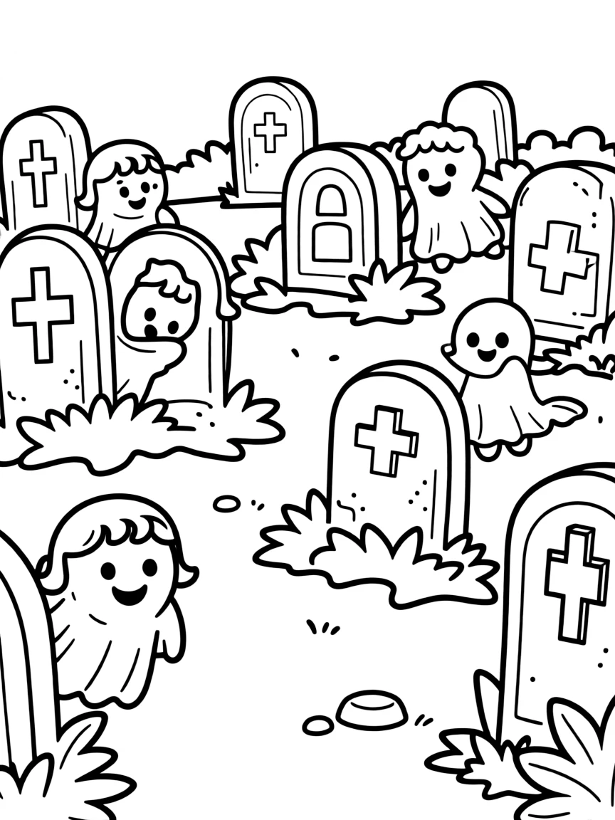Ghosts playing hide-and-seek among tombstones