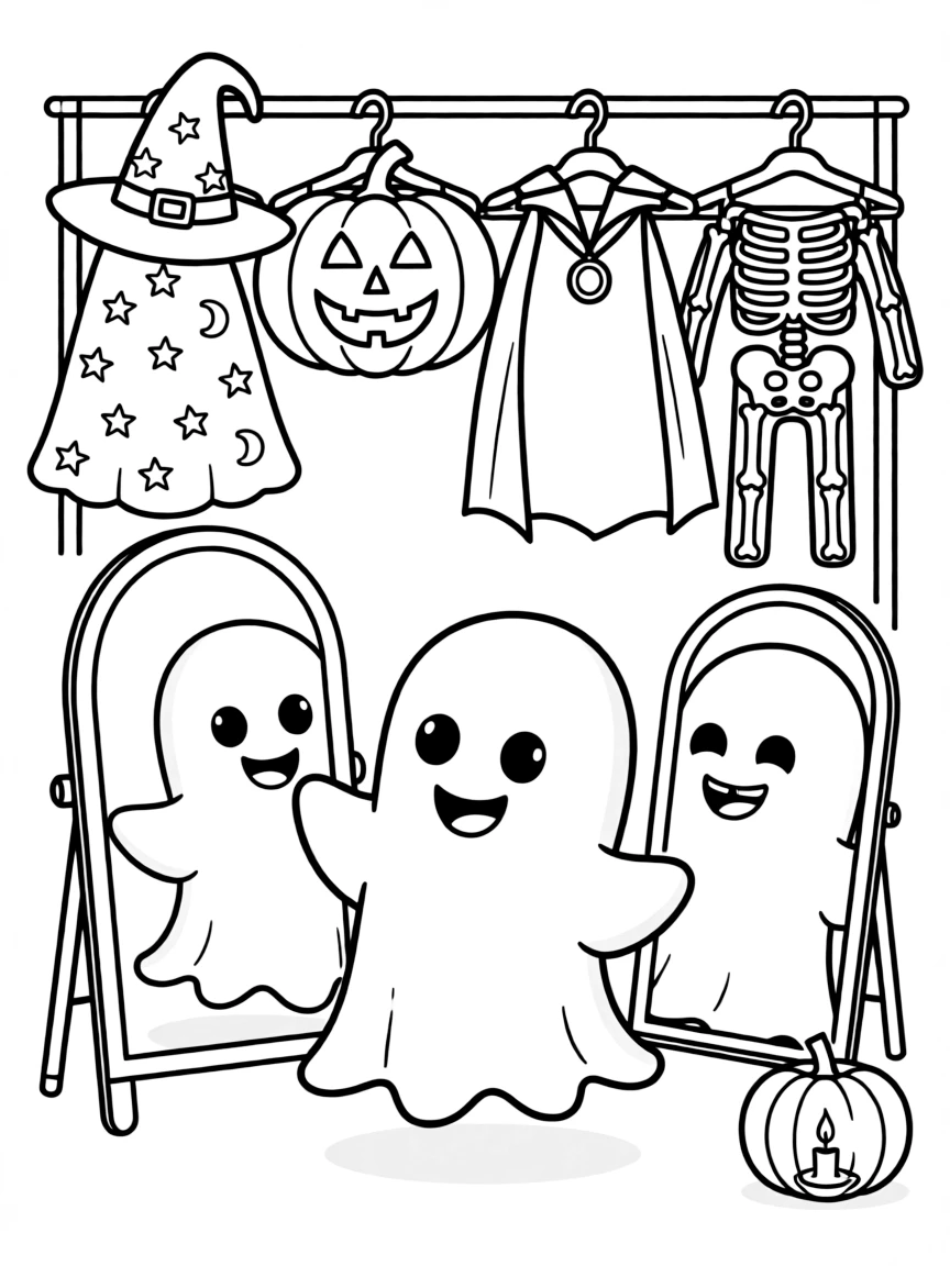 A ghost trying on different Halloween costumes