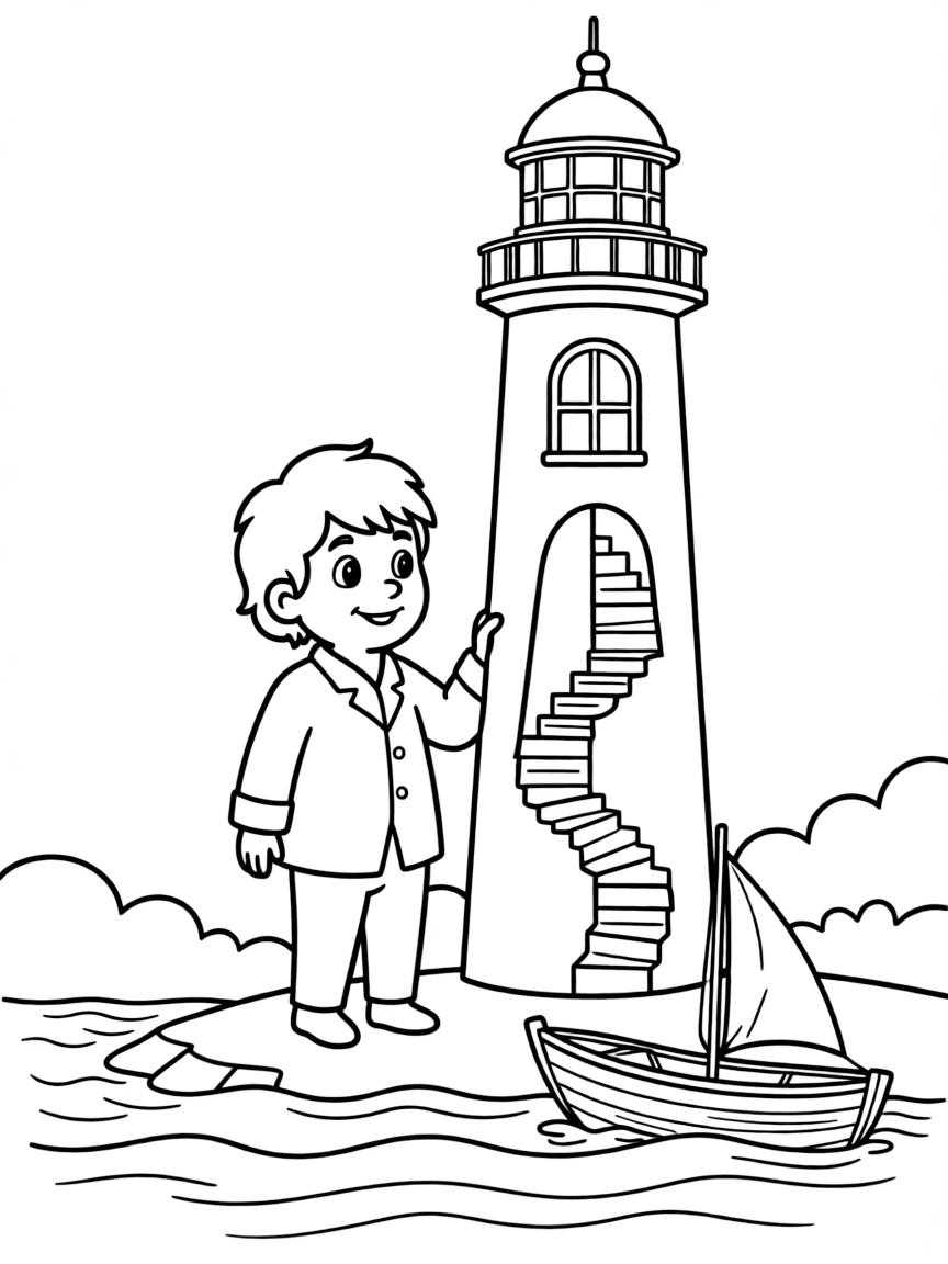 A ghost lighthouse keeper guiding ships through fog