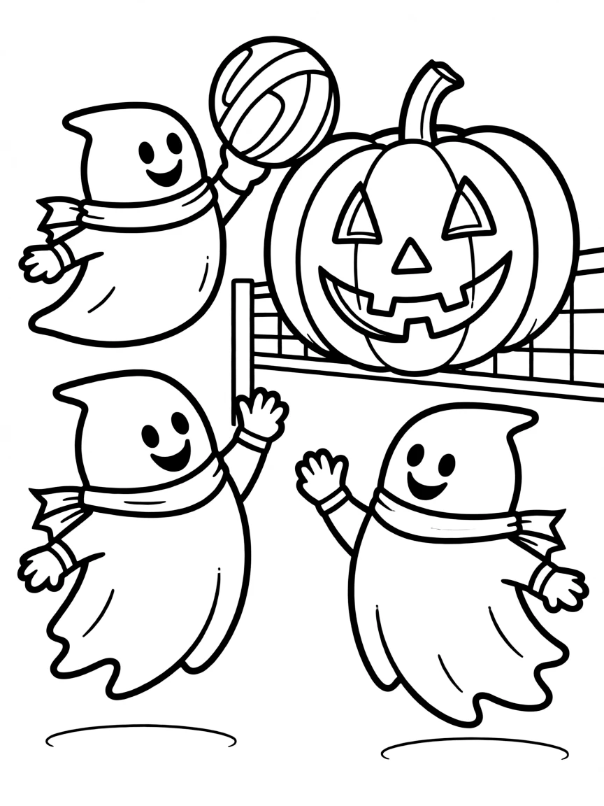 Ghosts playing volleyball with a jack-o'-lantern