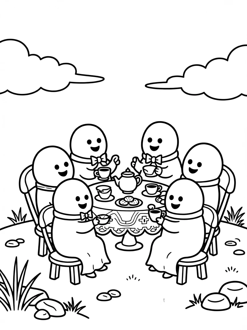 Ghosts having a tea party on a cloudy mountaintop