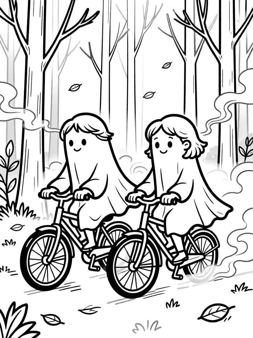 Ghosts riding bicycles through a misty forest