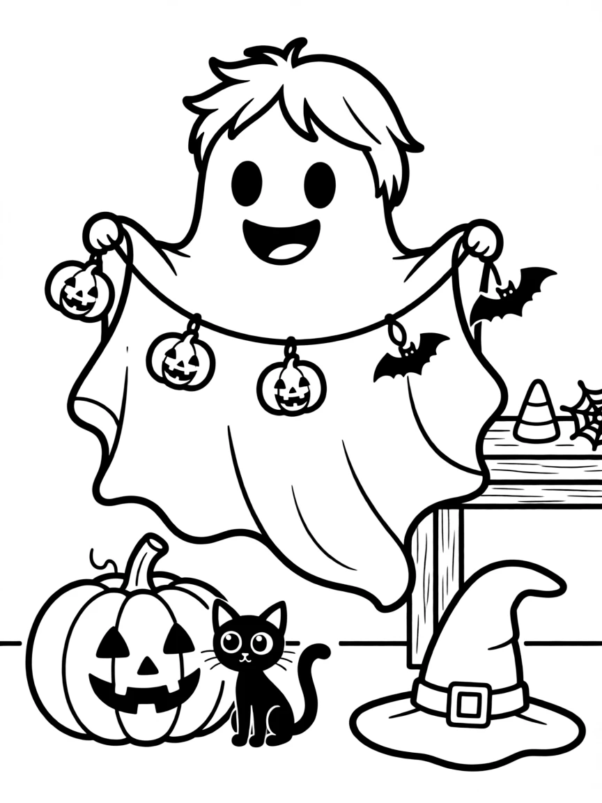 A friendly ghost helping decorate for Halloween