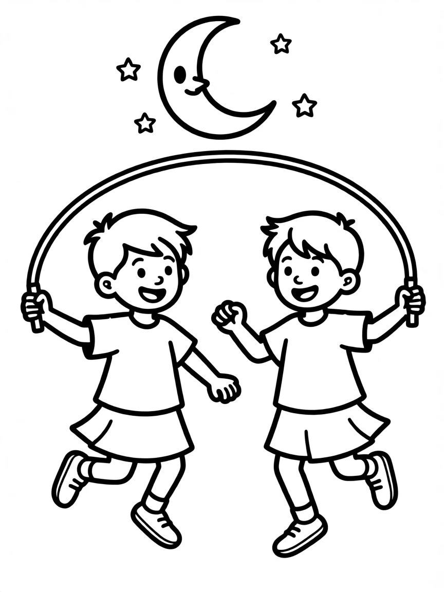Ghost children playing jump rope with a moonbeam
