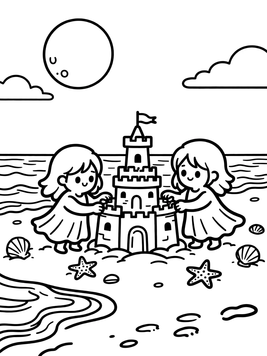 Ghosts building a sandcastle on a midnight beach