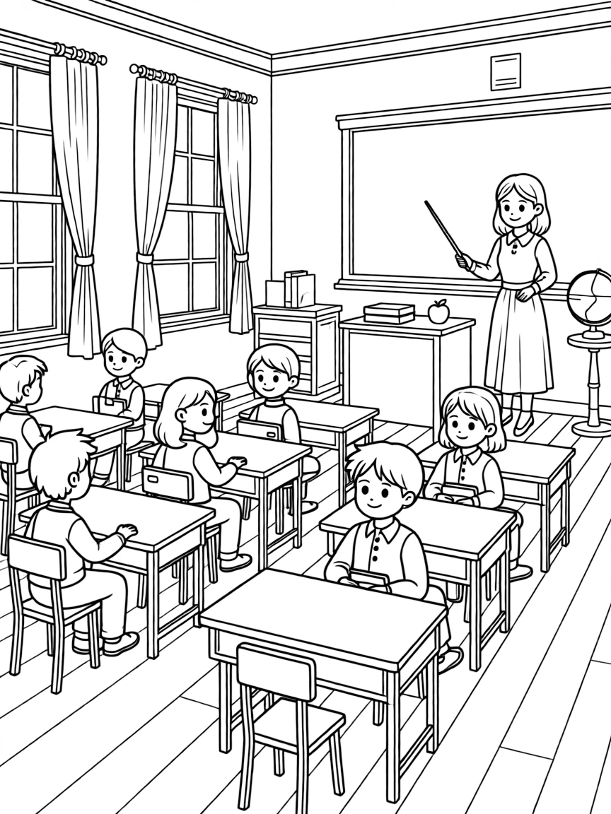 Ghost students attending classes in an old schoolhouse