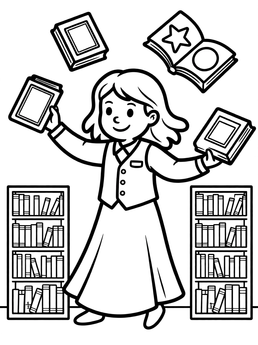 A ghost librarian organizing floating books