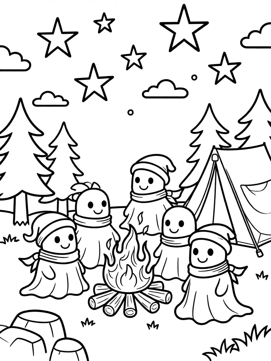 Ghosts camping under the stars with a spectral campfire