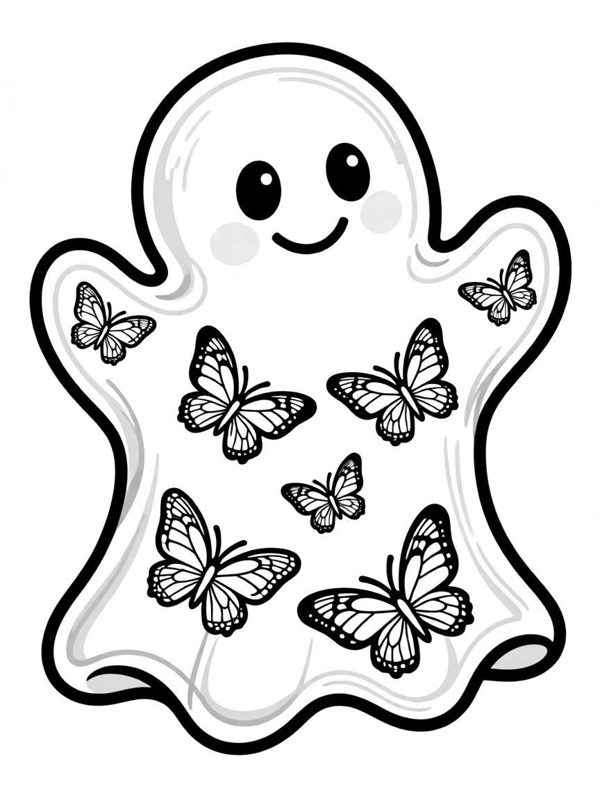 A ghost whose transparent body holds floating butterflies