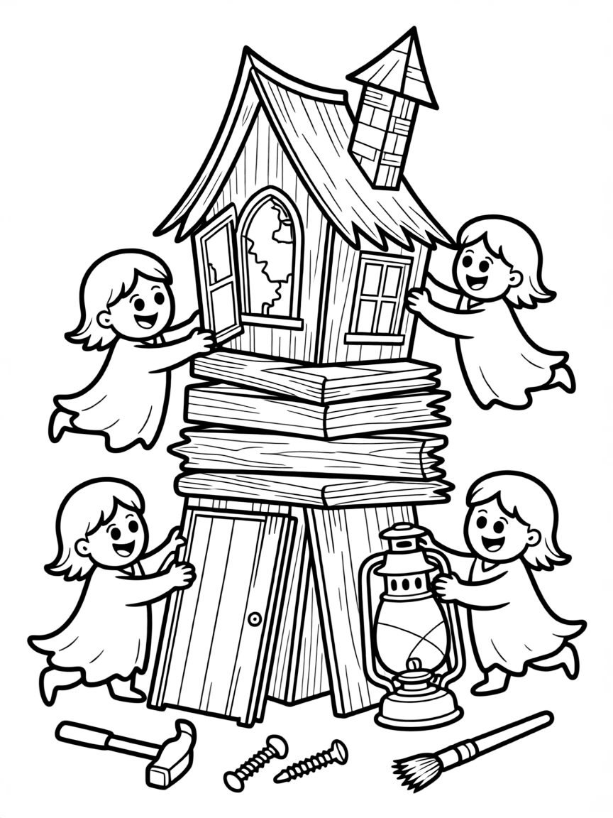 Ghosts building a haunted house from discarded objects