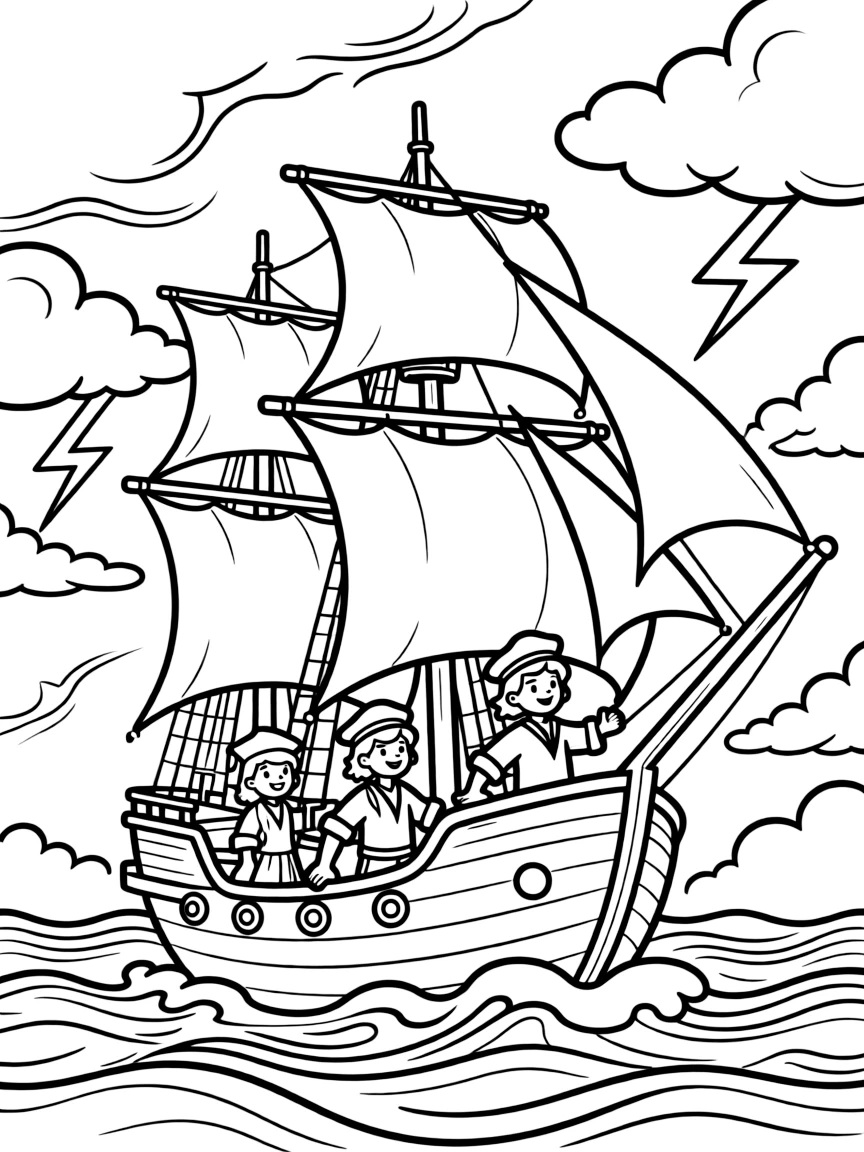 Ghost sailors navigating a ship through stormy skies