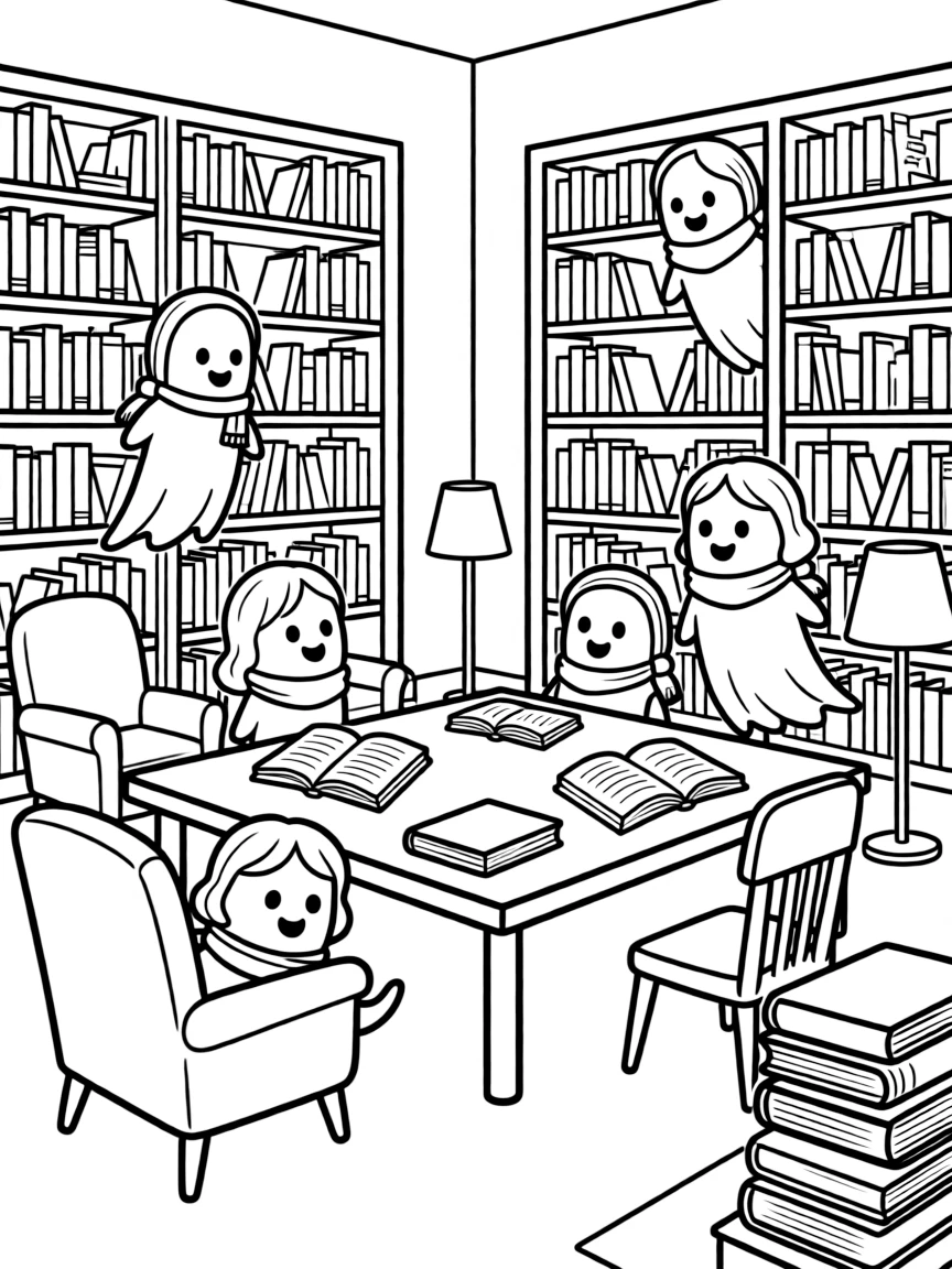 Ghosts playing hide-and-seek in a library