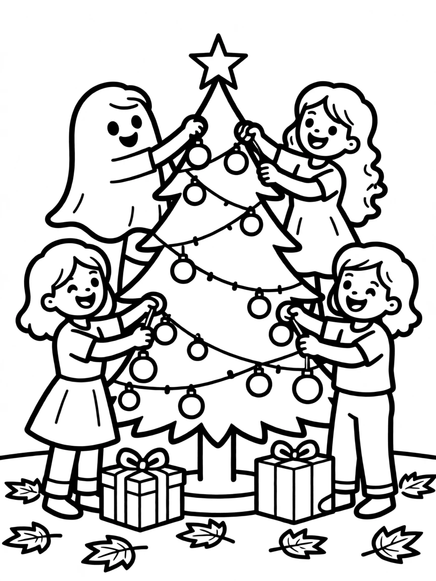 Ghosts decorating a Christmas tree in October