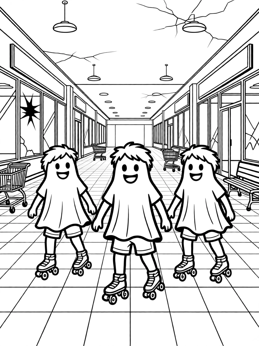 Ghosts roller skating through an abandoned mall