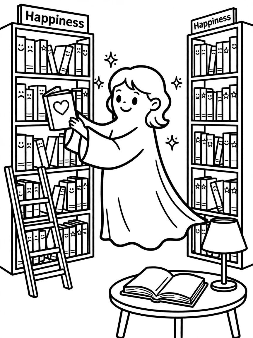 A ghost librarian organizing books by emotional response