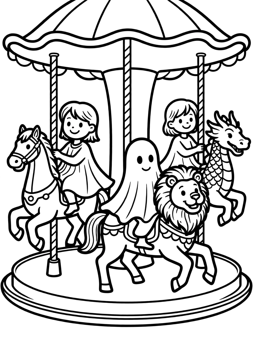 Ghosts riding carousel animals that come to life