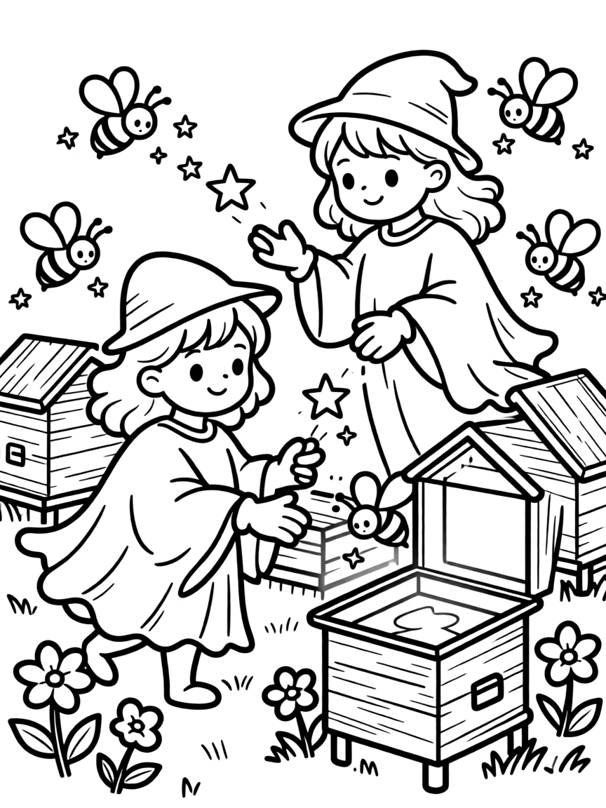 Ghost beekeepers tending to bees that produce starlight