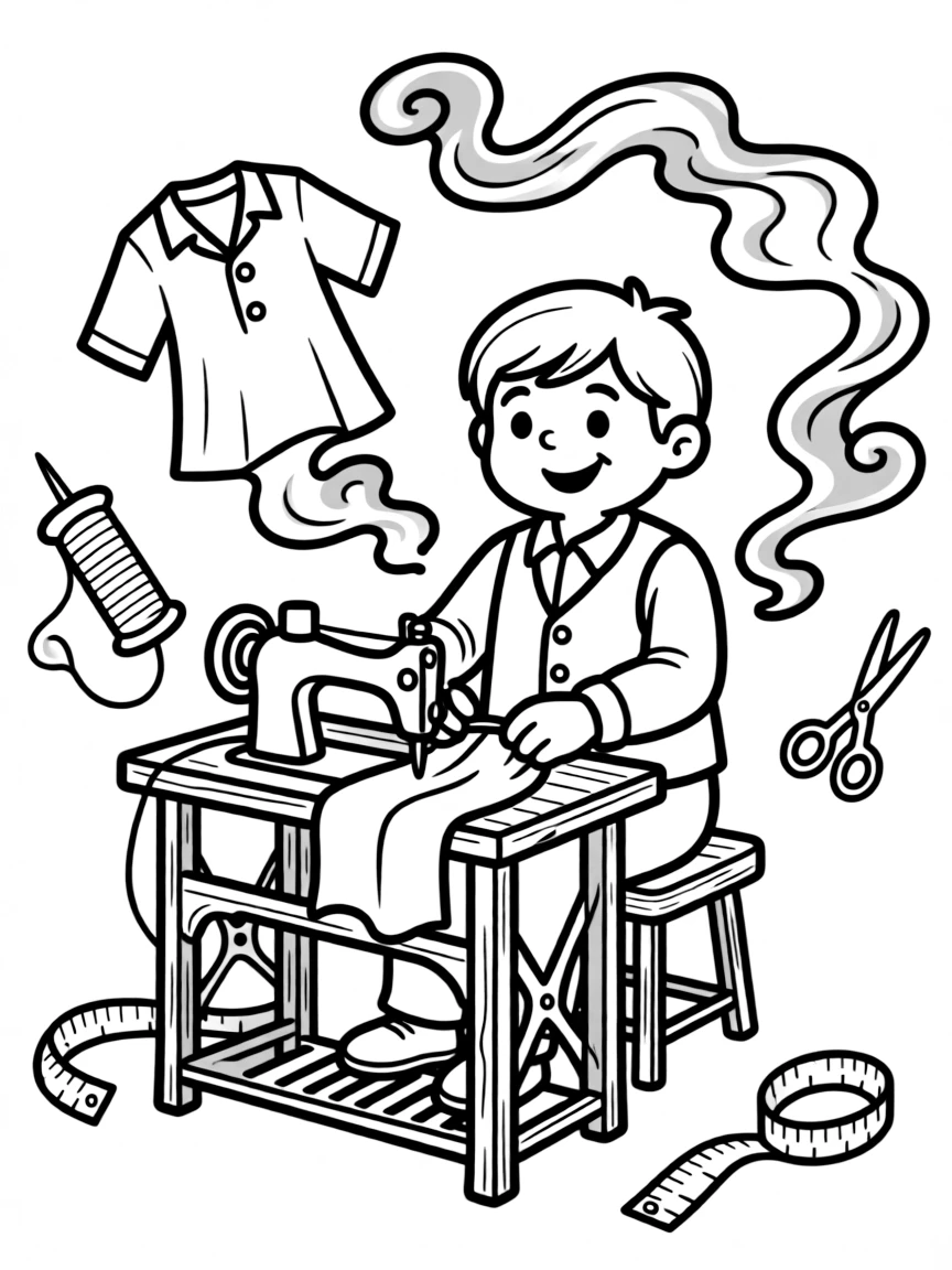 A ghost tailor sewing clothes from shadows