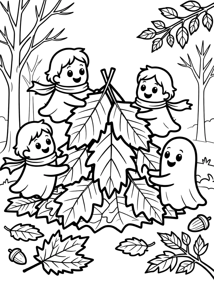 Ghosts building a fort out of autumn leaves
