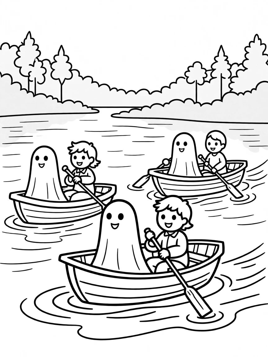 Ghosts having a boat race on a foggy lake