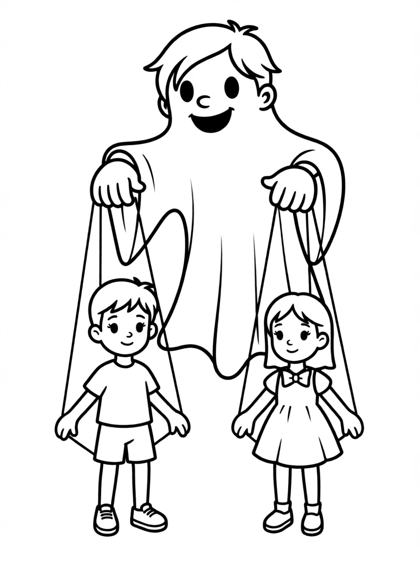 A ghost puppeteer controlling marionettes of the living