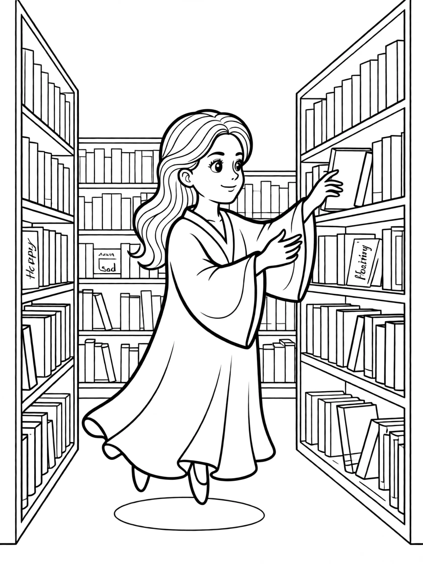 A ghost librarian organizing books by emotional impact