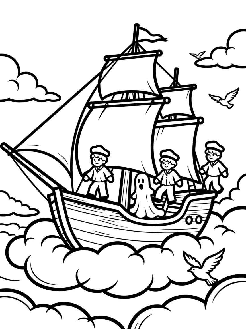 Ghost sailors navigating a ship through a sea of clouds