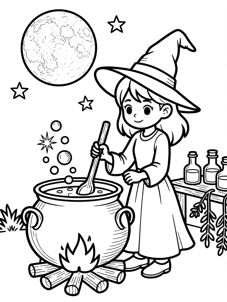 A witch brewing potions in a cauldron under moonlight