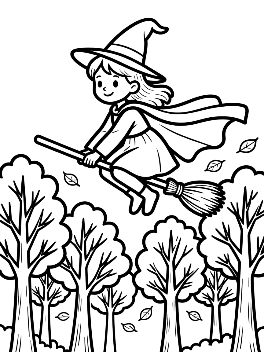 A witch flying on a broomstick over a forest of autumn trees