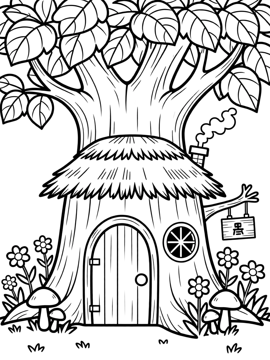 A witch's cottage hidden in a hollow tree trunk