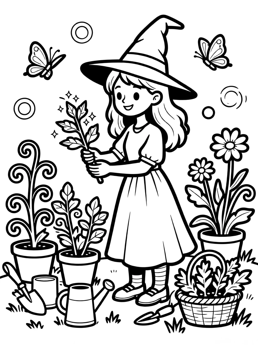 A witch gardening with magical plants and herbs