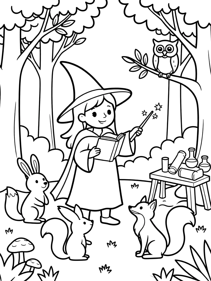 A witch teaching spells to animals in a forest classroom