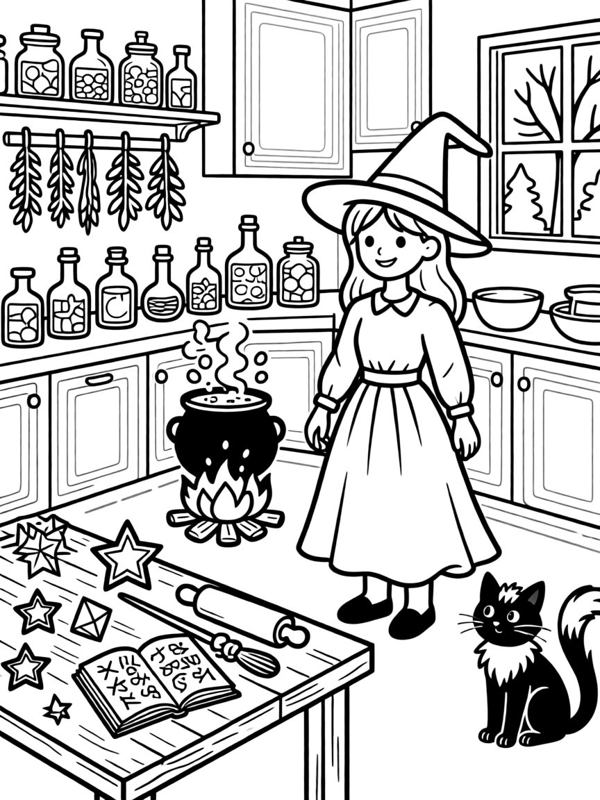 A witch's kitchen filled with unusual ingredients and tools