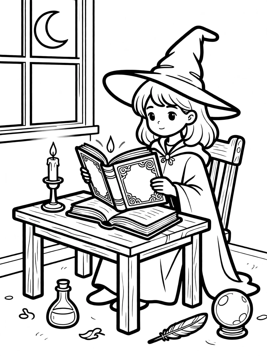 A witch reading ancient spellbooks by candlelight
