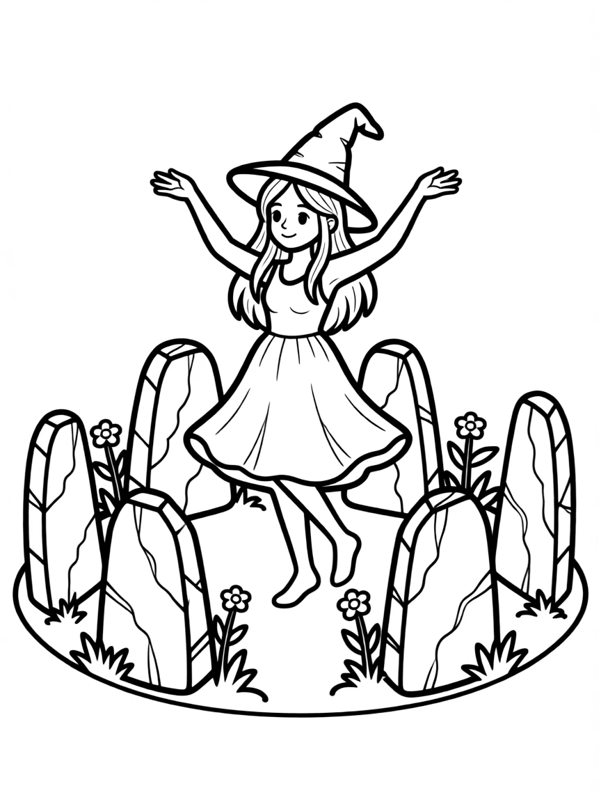 A witch performing a ritual dance in a stone circle